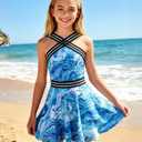 ADUKIDE 9-18T Girls Two Piece Tankini Swimsuits Teens Criss Cross Straps Bathing Suit Flowy Swimdress with Bottom (Blue)