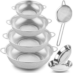 Colander Stainless Steel, 7 Piece Strainers and Colanders Set, Mesh Strainer Net Baskets with Handles, 2 Stainless Steel Plates and Fine Mesh Strainer for Kitchen Food Strain Drain Rinse Cooking