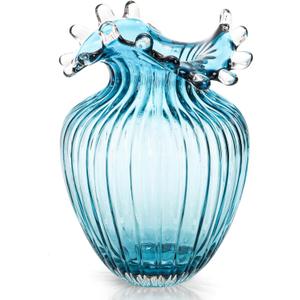 Hand Blown Glass Vase, Modern Art Decorative Blue Vase for Flower Plants, Unique Bubble Waves Mouth Vase for Home Decor, Living Room Centerpieces, Table Bouquet, Wedding Decoration