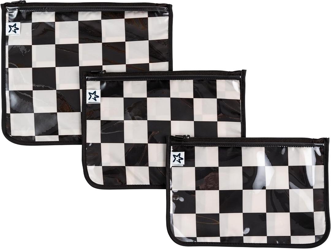 Tiny Twinkle Diaper Bag Organizing Pouches|3 Pack Mess-Proof Clear Front Travel Organizer Bags&TSA Approved Toiletry Bag Set for Baby and Mom Essentials (Black Checkers)
