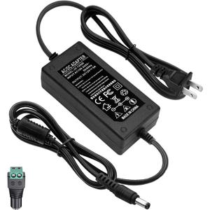 12V 5A Power Adapter 60W AC/DC Converter Suitable for LED Strips, Surveillance Cameras, and Computer Monitors. Features a 5.5x2.5mm Connector and a 2.1mm Plug.