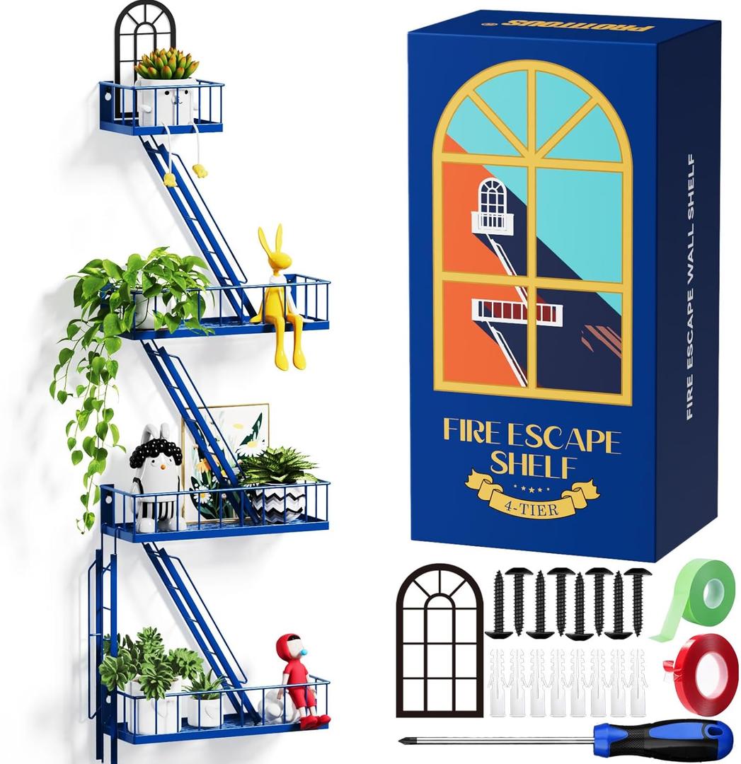 Fire Escape Shelf 4 Tier Metal Fire Escape Wall Shelves with Baskets, New York Action Figurine Display Shelf, Unique Rustic Floating Decorative Wall Shelves Navy Blue (3.5 Tier)