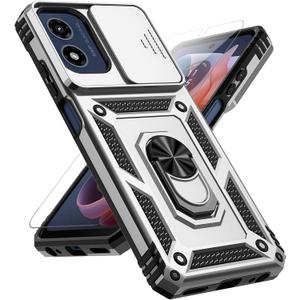 for Motorola Moto G 5G 2024 Case with Slide Camera Cover HD Screen Protector [Military Grade Drop Tested] Magnetic Ring Holder Kickstand Protective Phone Case for Motorola Moto G 5G 2024, Silver