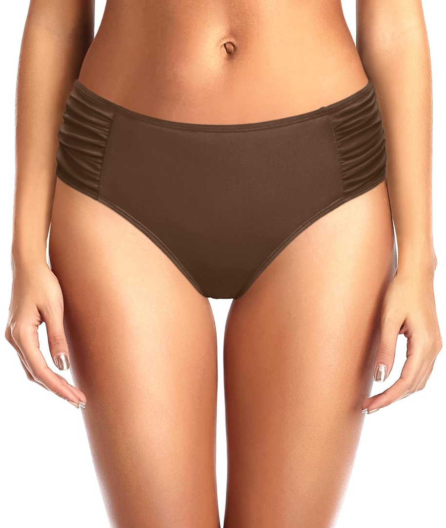 Tempt Me Women Bikini Bottoms Mid Waist Bathing Suit Swimsuit Ruched Swim Bottom, Medium