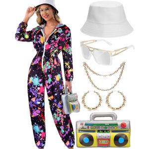 VillbeCoser Women Hoodies Jumpsuit Set, 80s 90s Neon Costume Tracksuit Outfit One Piece Windbreaker Jacket Rapper Suit (splash-S)