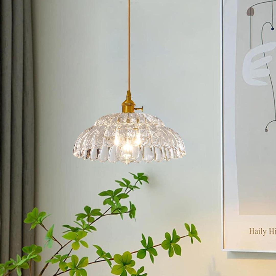 Clear Glass Pendant Light with Striped Shade, Adjustable Brass Vintage Hanging Light Fixture for Kitchen Island Sink Dining Room Ceiling Hallway Lighting