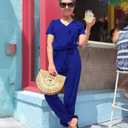 PRETTYGARDEN Jumpsuits for Women 2026 Spring Summer Casual Dressy Short Sleeve Romper Airport Vacation Travel Outfits (Blue, L)