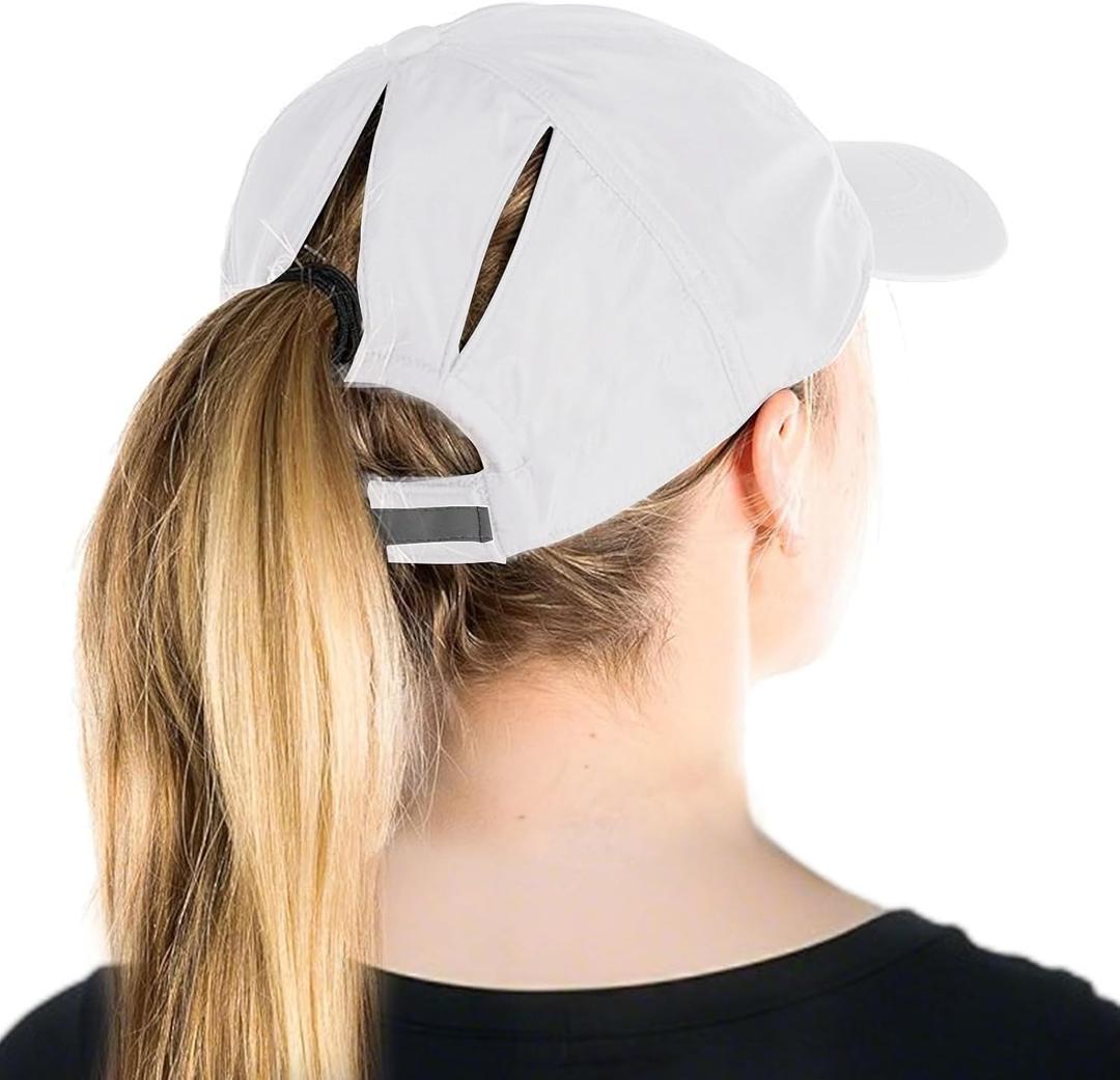 TOP-EX Oversized L XL XXL Women High Ponytail Messy Bun Packable Unstructured UV 50 Baseball Cap Running Hat (White)
