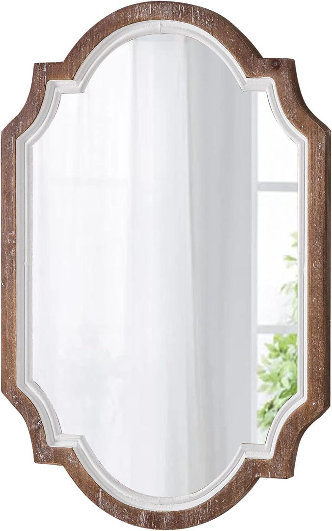 Farmhouse Oval Mirrors for Wall 16 X 22 Inch, Hanging Vintage Oval Mirrors for Bathroom, Distressed White Rustic Wood Framed Entryway Mirror with Scalloped Corner Living Room