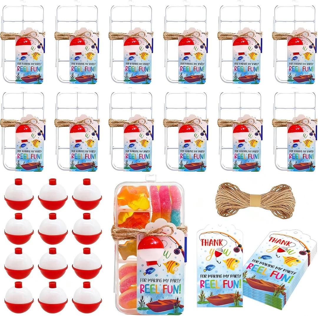 12 Set Fishing Candy Little Tackle Boxes for Birthday Party Favors with 12 Fishing Bobber 12 Thank You Cards for Making My Party Reel Fun Gone Fishing Theme Supplies Fishing Decorations (12), 1 count