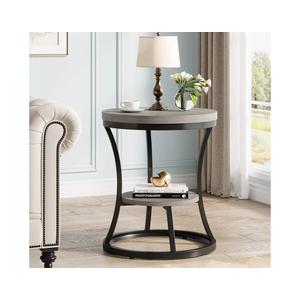 Round End Table, 2 Tier Industrial Side Table, Accent Bedside Table Nightstand with Metal Frame for Living Room, Bedroom, Small Spaces, Easy Assembly, Grey Brown & Black