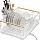 Dish Drying Rack for Kitchen CounterDishes Drainer Racks with Removeable Cutlery Holder and Wood Handle White Metal Strainer Organization for Knives, Spoons, and Forks