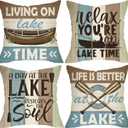 Life is Better at The Lake Decorative Throw Pillow Covers 16 x 16 Set of 4, Boat Paddle Lakehouse Porch Outdoor Home Decor, Spring Summer Stripes Farmhouse Rustic Couch Cushion Case