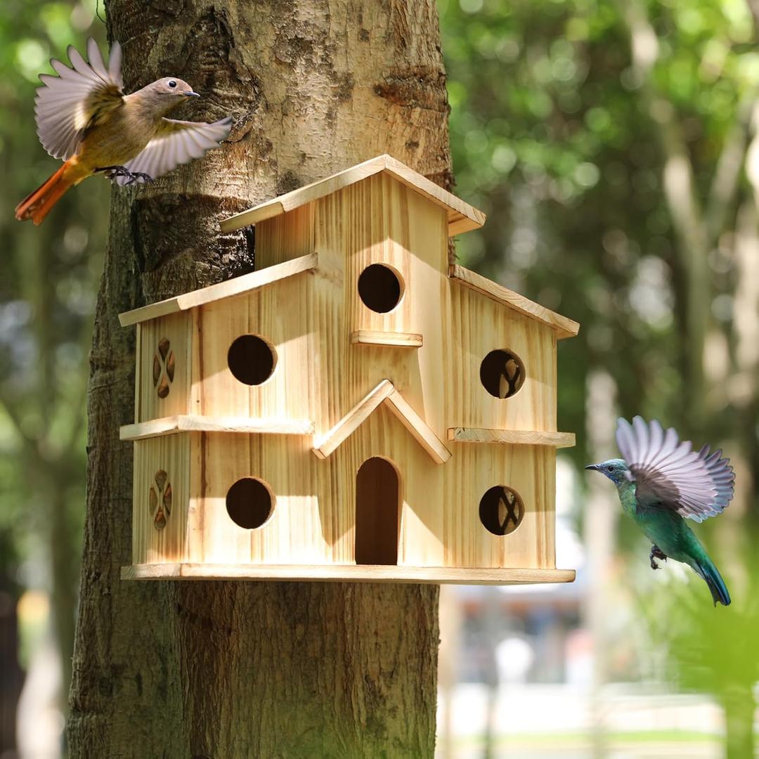 Bird Houses for Outside, Wooden 6 Hole Birdhouse Room for Multi-Birds Families, Bluebird Finch Outdoor Hanging Bird House for Garden Backyard Patio