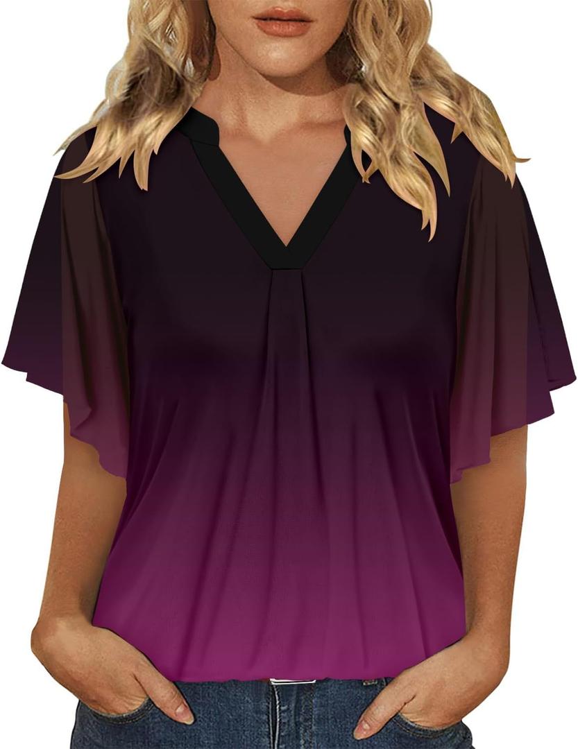 onlypuff Womens Double Layered Tunic Tops Half Sleeve Floral Double Layered Sheer Flowy Blouse Round/V Neck Casual Shirts (XL)