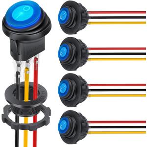 Nilight 5PCS Waterproof Round Rocker Switch w/Wiring Harness Switches Holder 12V 24V Blue LED Lighted On Off Toggle Shell SPST 3Pin for Switch Panel Car RV Trucks Marine Boats