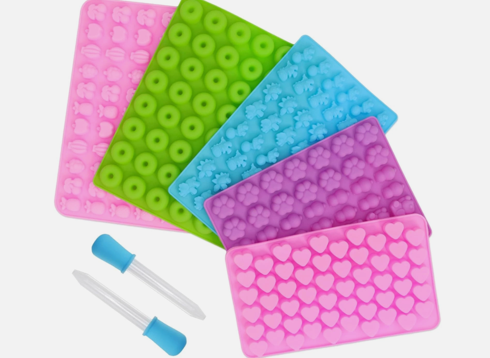 5 Pcs Mini Gummy Candy Molds with 2 Dropper, Silicone Bear Donut Dinosaur Fruit Snack Molds Non-stick and BPA Free Jello Candy Mold for Small Chocolate Gummies