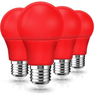 LED Red Light Bulb, A19 9W (60W Equivalent) Red Colored Christmas Light Bulbs Outdoor Indoor, E26 Base for Christmas Party Decor, New Year, Porch Lights, Home Lighting, Wedding, Bar, Not-dimm, 4 Pack