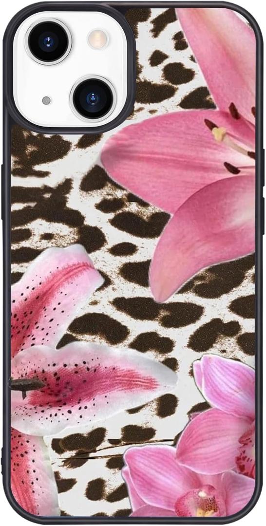 Black Leopard&Pink Lily Phone Case for iPhone 14 Black Leopard Lily Case Cover TPU Bumper Hard Back Shockproof Phone Case Girly Protective Phone Cover with Aesthetic Design