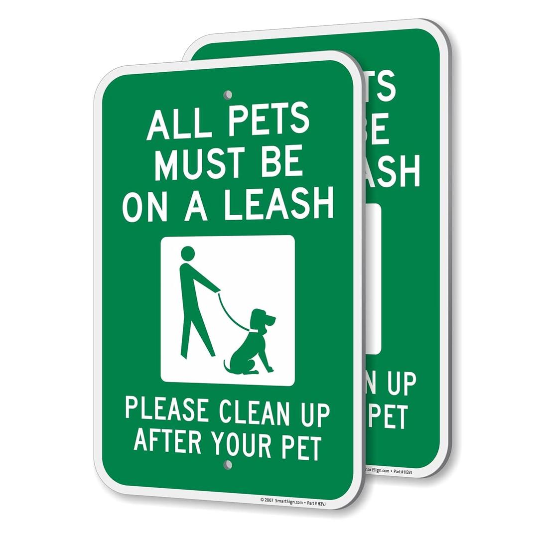 SmartSign All Pets Must Be On Leash Sign - 2 Pack, Please Clean Up After Your Pet Sign, 18 x 12 inch, 2mm Thick Aluminum Composite, Green and White, Made in USA