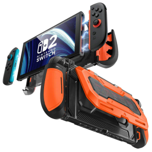 Mumba Dockable for Nintendo Switch 2 Case with Flip Stand, [Titan] Ergonomic Switch 2 Grip Protective Cover Holds 5 Game Cards & 2 TF Cards TPU Accessories and Quick-Release Joy-Con Design (Orange)