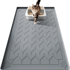 Cat Litter Mat, Extra Large 40"x28" Silicone Mat for Litter Box, Waterproof & Non-Slip Rubber Mat with Lip, Litter Trapping & Scatter Control, Soft on Cat Paws, Urine-Proof Floor Protector (Grey)