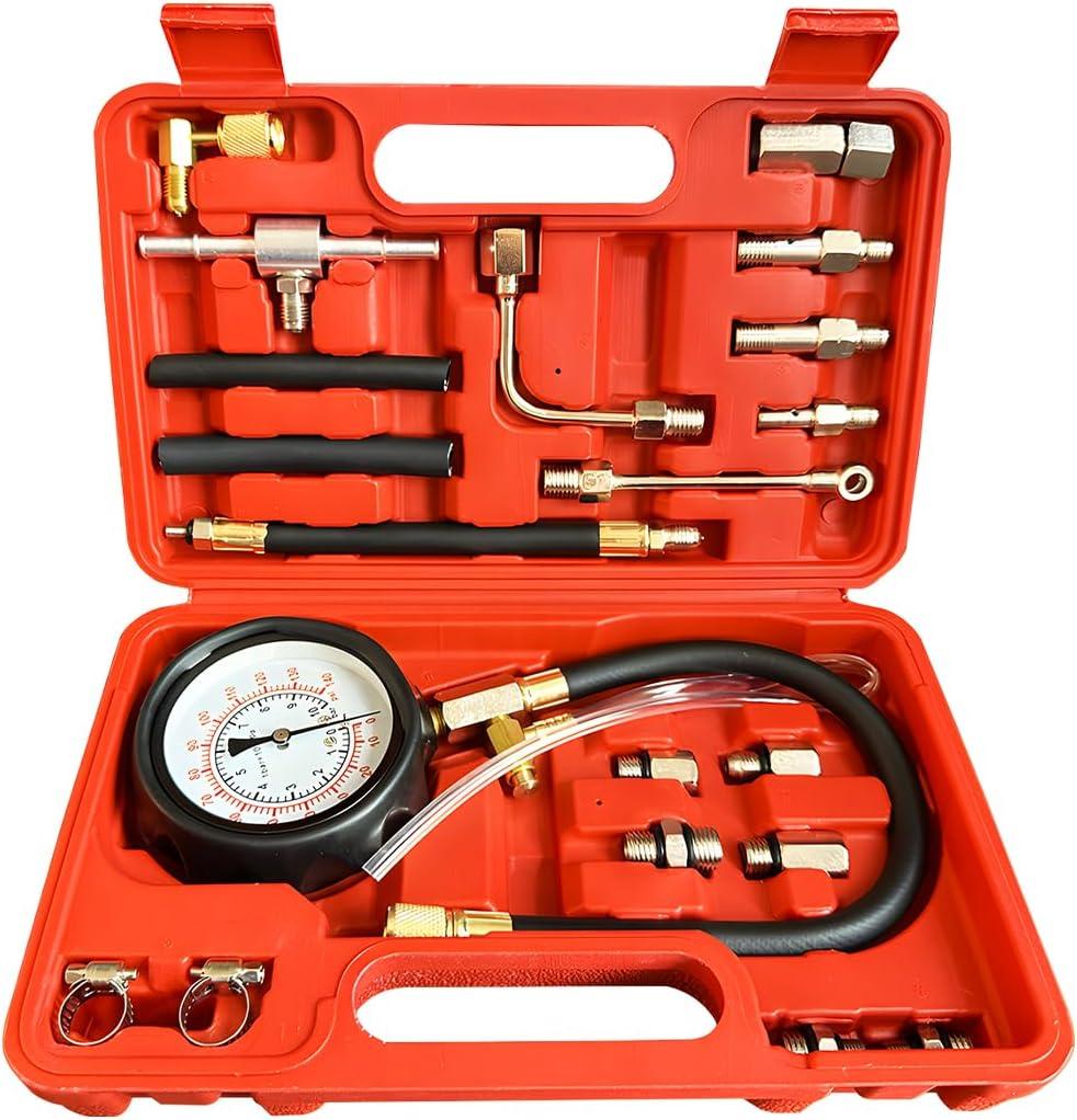 0-140PSI Car Fuel Pressure Tester Kit, TU-114 Vehicle Gas Gasoline Injection Pump Pressure Tester Gauge Kit, Automobile Oil Injection Pump Diagnostic Tool Set, Universal Fit