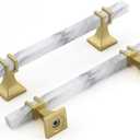 Rergy Cabinet Handles Marble Drawer Pulls and Knobs, 10Pack White Marble & Matte Gold &Square 5inch Hole Center, T-Bar Hardware for Kitchen Dresser Zinc Alloy Furniture