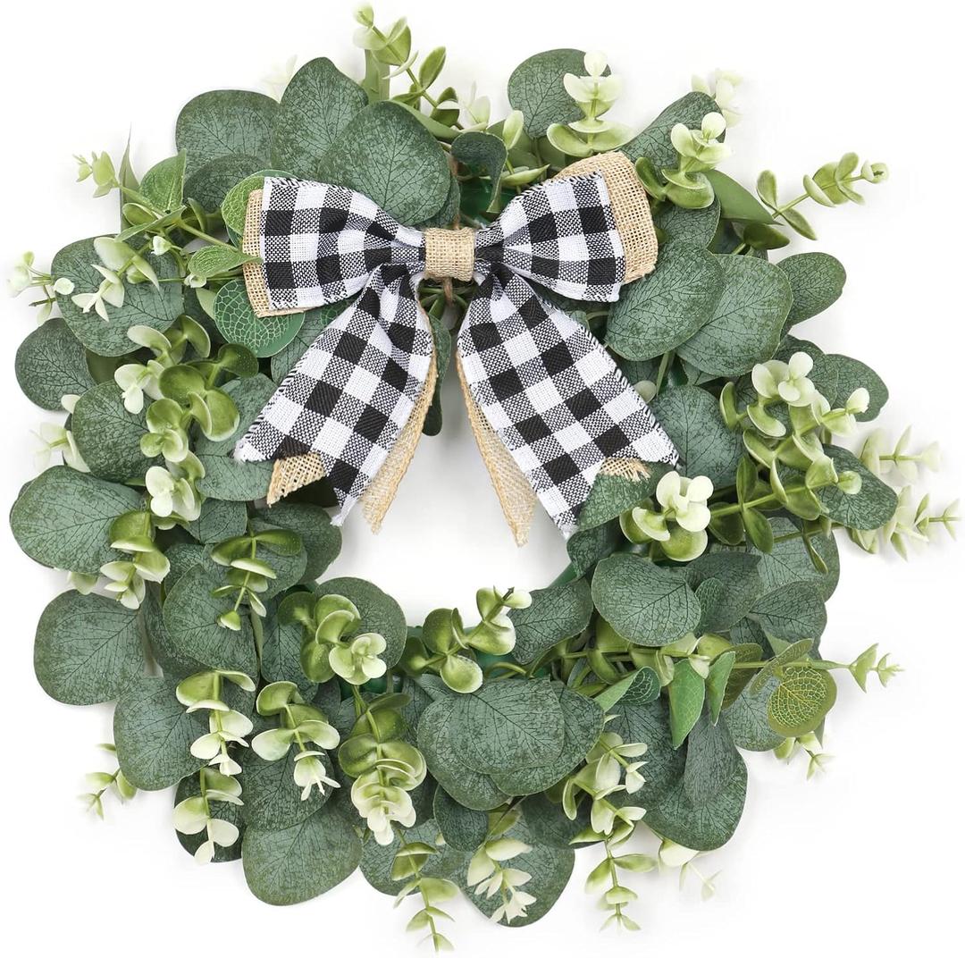 Dremisland 12" Artificial Eucalyptus Wreath with Plaid Bow | Spring Summer Green Leaf Wreath for Front Door Window Porch Farmhouse Decor Festival Celebration Home Decor (White & Black Plaid-Small)