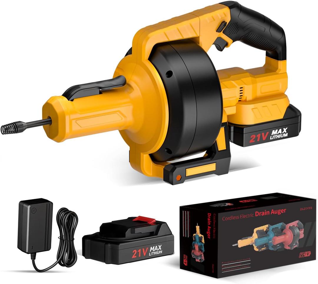 Electric Drain Auger,21V Cordless Drain Snake,25Ft Auto-Feed Snake Drain Hair Removal Tool with 2.0Ah Battery,Sink Snake Drain Cleaner for Sewer,Toilet,Kitchen,Shower 3/4"-2.95" Pipes, Bag&Gloves&Rag, Orange