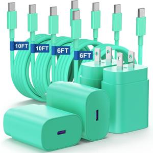 Essri Type C Charger Fast Charging for Samsung Galaxy S25/S24/S23/S22/Note 20,4Pack 25W Super USB C Fast Charger Block with (6ft+10ft) x2 Cables for iPhone 15/16 Pro Max/Plus, Android Phones - Green (4Pack 6Feet+10Feet)