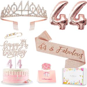 Awfrky 44th Birthday Decorations for Her Women, Including 44 year old Birthday Cake Topper, Queen Sash with Pearl Pin, Sweet Rhinestone Tiara Crown, Number Candles and Balloons Set, Rose Gold