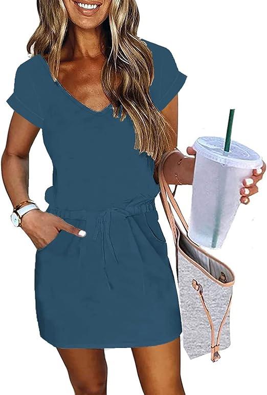 Womens Summer Dress Lantern Sleeve Square Neck Tie Front A-Line Double Layer Hem Mini Dresses,  M