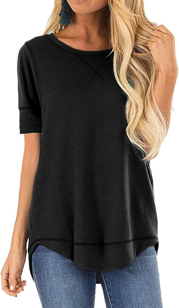HIYIYEZI Summer Tops for Women Short Sleeve Side Split Casual Loose Tunic Top (X-Large, A-01 Black)