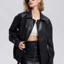 Womens Oversized Faux Leather Jackets Moto Biker Zip Up Bomber Coat Black, Large