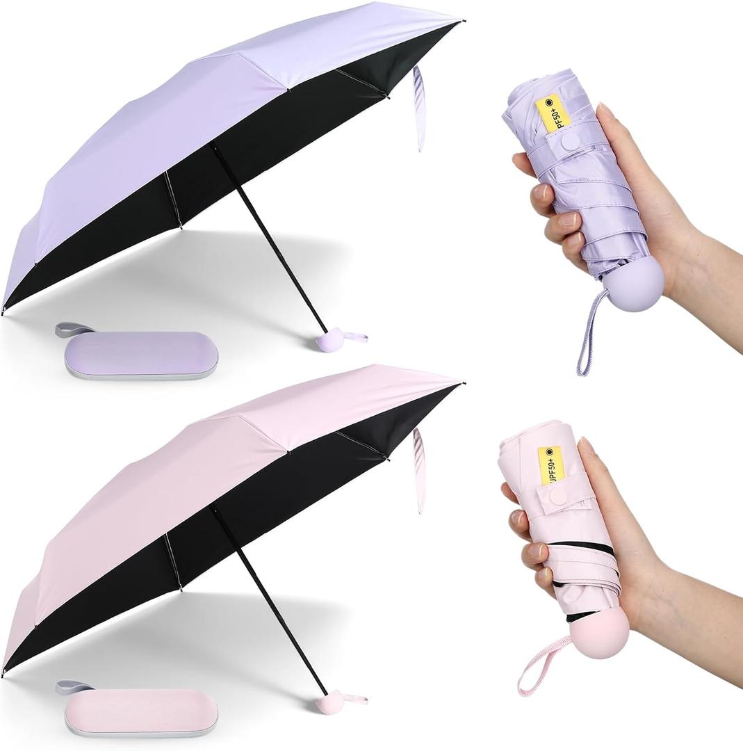 2 Pcs Mini Umbrella for Purse with Case, Travel Small UV Protection Sun and Rain Umbrella Light Compact for Women, Girls (Pink and Purple)