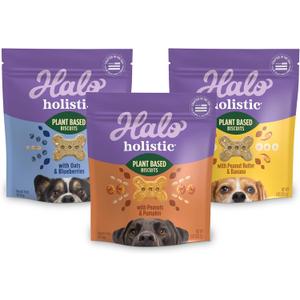 Halo Holistic Vegan Dog Treats Variety Pack, Plant-Based Three Bag Treat Pack with Oats & Blueberries, Peanut Butter & Banana, Peanuts & Pumpkin, 8 Oz Bag(Pack of 3) Best Before 07/30/27