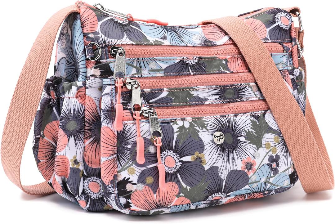 AOCINA Crossbody Bags for Women Multi Pocket Nylon Lightweight Ladies Purses Messenger Shoulder Handbags Satchel Travel Bag (Large, Multi-colored Flowers)