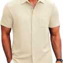 COOFANDY Men's Casual Shirt Short Sleeve Button Down Summer Beach Textured Shirt (Beige, XXL)