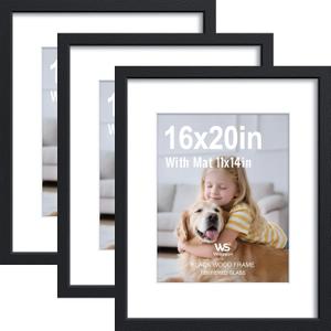 16x20 Picture Frame 3 Pack, Black Wood with Real Glass, 11x14 Mat
