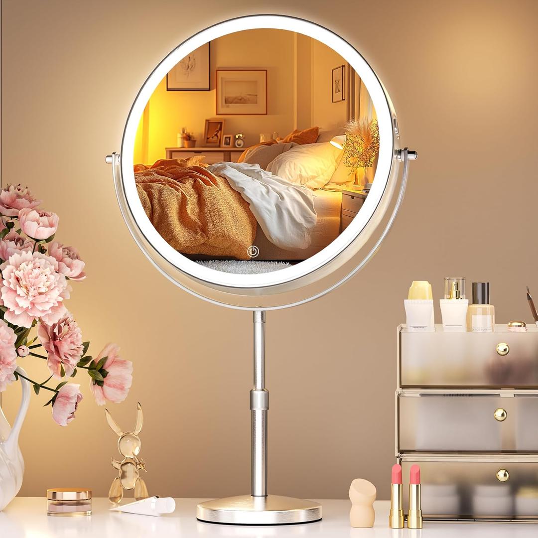 Hasipu 10-inch Lighted Makeup Mirror with Magnification, Rechargeable 3000 mAh Vanity Mirror with Lights, Desk Mirror with Dimmable Brightness, 3 Lighting Modes, Height Adjustment, Nickel (5"L x 18"W)