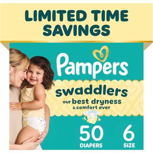Pampers Swaddlers Diapers, Size 6 (23-44 lbs), 50 Count, Absorbent, Keeps Baby Dry and Comfortable, Skin Safe Disposable Baby Diaper