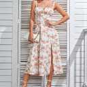 Women Summer Corset Midi Dress 2026 Floral Wedding Guest Flowy Slit Lace Up Dresses Tea Party A Line Casual Milkmaid Sundress (M)