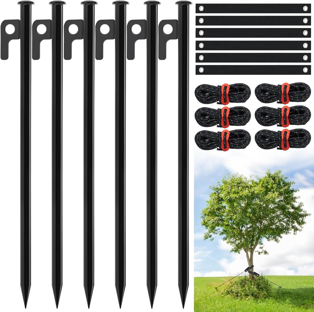 6 PCS Tree Stake Kits, 11.8 Inch Tree Stakes Supports Heavy Duty Steel Leaning Young Tree Metal Staking for Straightening Tree Straps 13.12 Ft Ground Anchor Tree Rope Against Strong Wind Bad Weather