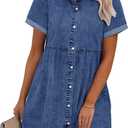 GRAPENT Denim Dress for Women Babydoll Tiered Short Sleeve Button Down Jean Shirt Dresses (Medium, Wishful Blue)