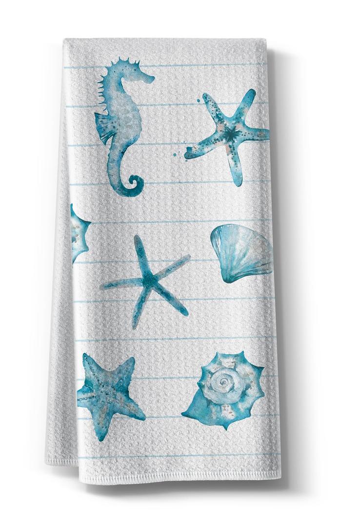 Kitchen Towels for Women-Funny Joked Starfish Seahorse Scallop Ocean Themed Absorbent Microfiber Bar Tea Towel, for Mom Birthday Christmas-Blue 16" x 24” Pack Of 3