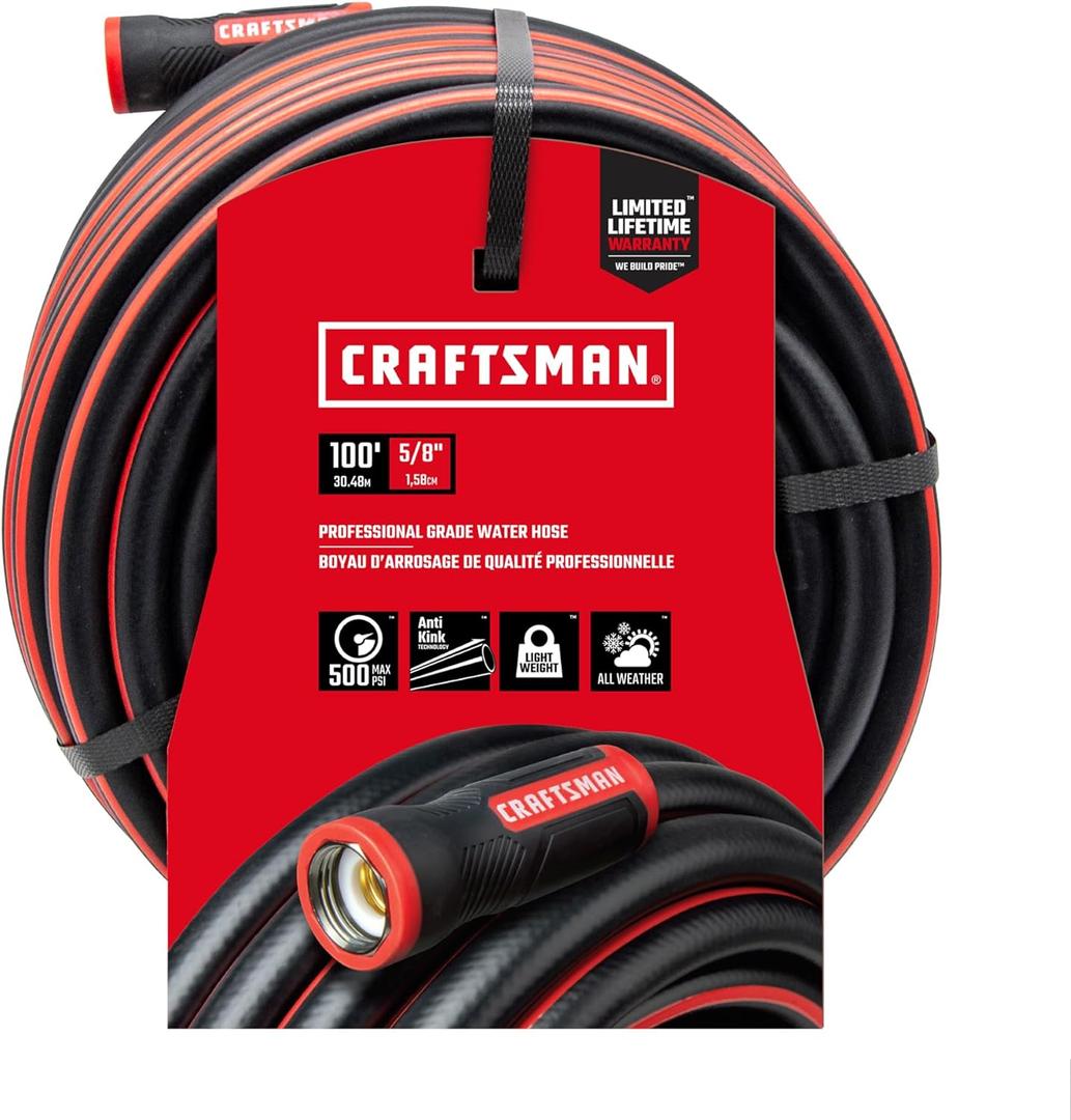 Craftsman Manguera de jardn negra de grado profesional resistente, 100 pies x 5/8 pulgadas