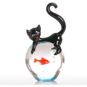 Tooarts Cat and Goldfish Sculpture Glass Ornament Cat Figurine Hand Blown, Christmas Birthday Gift [Black & Red]