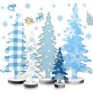 BBTO 5 Pcs Winter Tabletop Decorations Blue Tree Table Sign Christmas Tree Wooden Tiered Tray Snowflakes Centerpiece for Home Indoor Winter Xmas Holiday Party Supplies