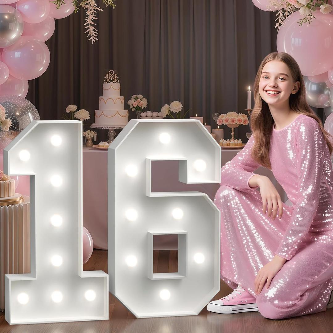 Large Marquee Numbers 16th-Birthday Decorations: 2.3FT Light-up Number Sign 16 Birthday for Boys and Girls Sweet Sixteen Years Old Party Decor Anniversary Fiesta Mosaic Balloon Cool Lights (White)